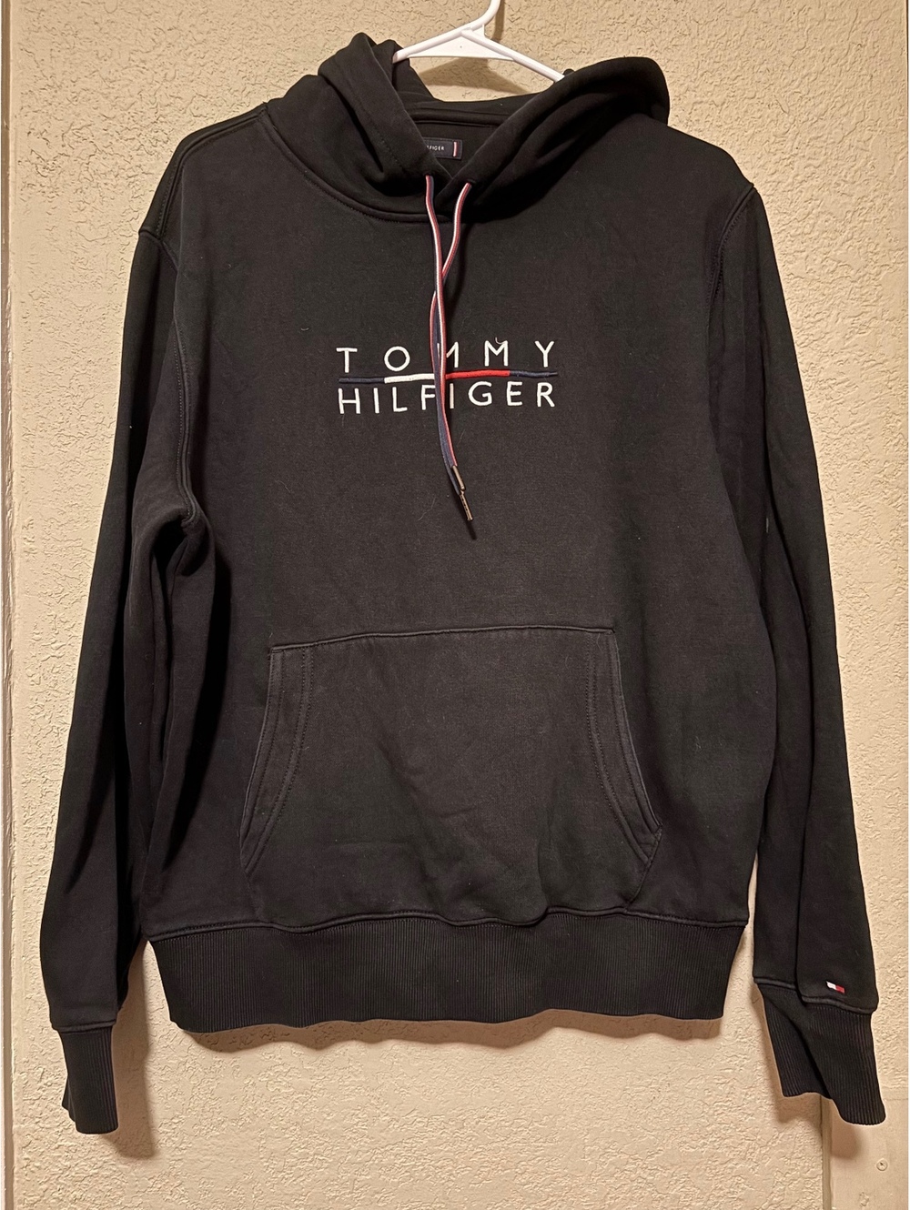 Tommy Hilfiger Black Hoodie with Front Logo and Kangaroo Pocket, Size L